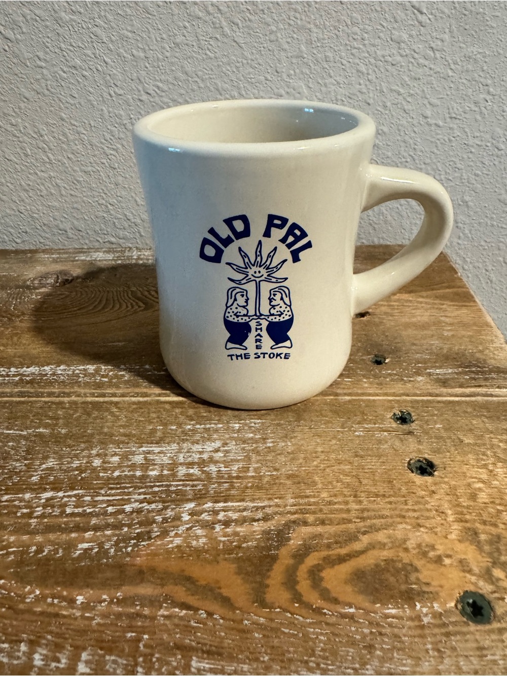 Old Pal Discontinued Ceramic Coffee Mug - Cream with Navy Logo Share the Stoke